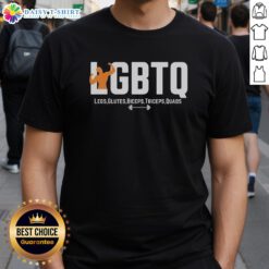 Alt Text: Top LGBTQ legs glutes biceps triceps quads T-shirt design featuring vibrant colors and bold graphics for fitness lovers.
