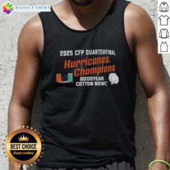 Top Miami Hurricanes 2025 CFP Quarterfinal Cotton Bowl Champions tank top featuring team logo and vibrant colors.