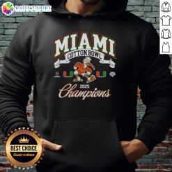 Alt Text: Miami Hurricanes Cotton Bowl Champions 2025 hoodie featuring the mascot, perfect for college football fans.