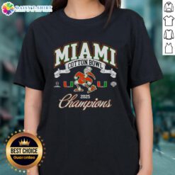 2025 Miami Hurricanes College Football Playoff Cotton Bowl Champions mascot on a ladies tee shirt design.