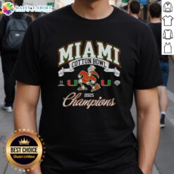 Miami Hurricanes 2025 Cotton Bowl Champions T-Shirt featuring team mascot, perfect for college football fans and supporters.