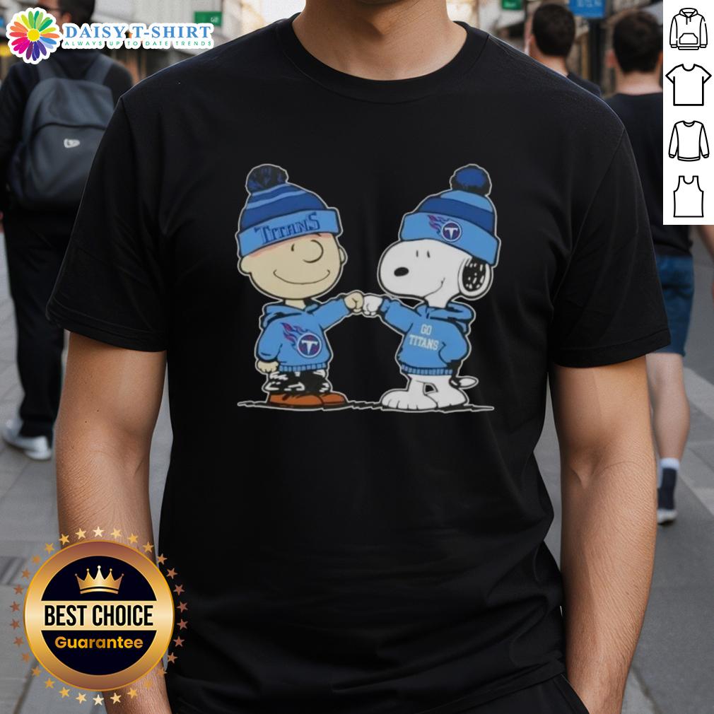 Alt Text: Top Peanuts Charlie Brown fist bump with Snoopy on Tennessee Titans football T-shirt design.