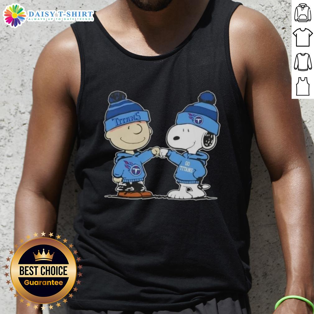 Alt Text: Charlie Brown and Snoopy fist bump on a Tennessee Titans football tank top featuring Peanuts characters.