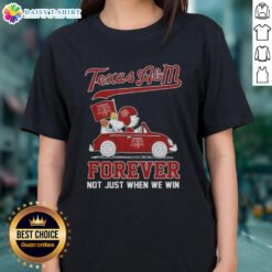 Top Peanuts Charlie Brown and Snoopy driving a car, featuring Texas A&M Aggies Forever tee for ladies, celebrating team spirit.
