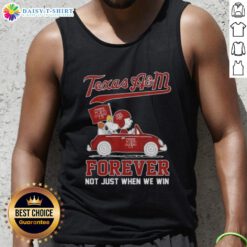 Charlie Brown and Snoopy driving a car on a Texas A&M Aggies tank top, celebrating fandom beyond just winning.