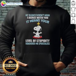 Top Peanuts Snoopy hoodie with quote: 'My silence doesn't mean I agree, it means your level of stupidity'.