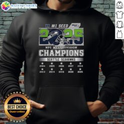 Alt Text: Seattle Seahawks NFC West Champions 2025-2026 hoodie featuring team logo and helmet design. Perfect for fans!