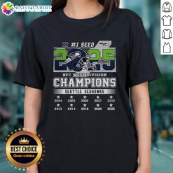Alt Text: Top Seattle Seahawks NFC West Champions 2025-2026 Seed 1 helmet logo on a stylish ladies tee shirt.
