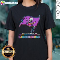 Top Tampa Bay Buccaneers Football ladies tee featuring colorful cancer awareness logo design.
