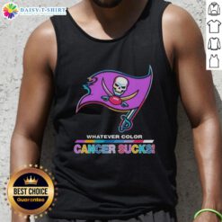 Top Tampa Bay Buccaneers football tank top featuring colorful cancer awareness logo design.