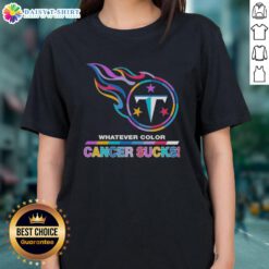 Alt Text: Top Tennessee Titans football ladies tee featuring colorful 'Cancer Sucks' logo design for awareness.