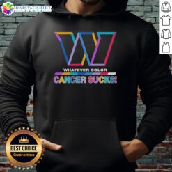 Washington Commanders Football hoodie featuring colorful 'Cancer Sucks' logo, perfect for fans and cancer awareness supporters.