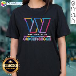 Washington Commanders football ladies tee featuring 'Cancer Sucks' logo in team colors, promoting awareness and support.