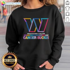 Cozy sweatshirt featuring the Washington Commanders logo and colorful 'Cancer Sucks' design, perfect for fans.