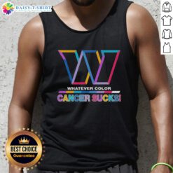 Tank top featuring the Washington Commanders logo in vibrant colors, promoting cancer awareness with 'Cancer Sucks' message.