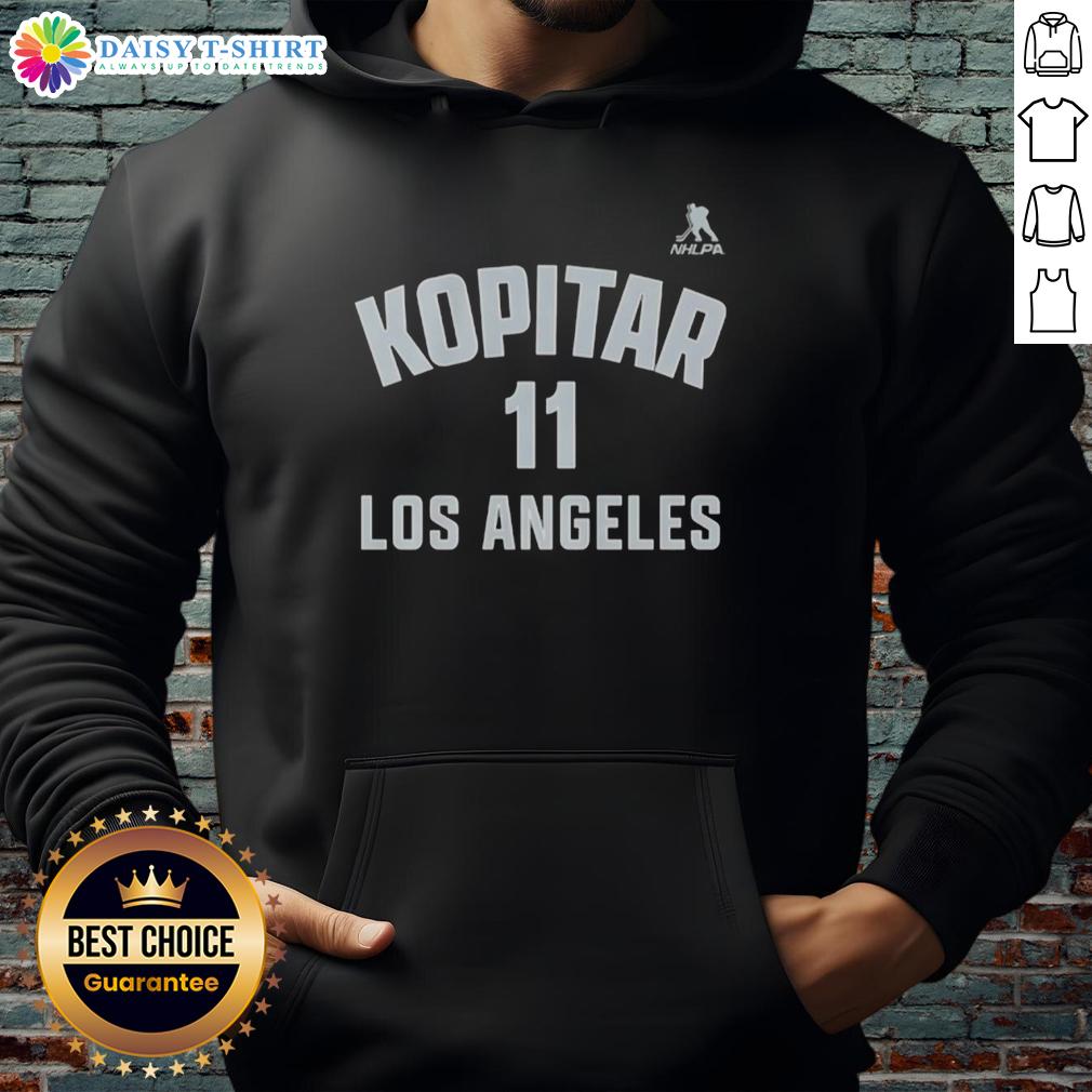 Awesome Anze Kopitar Los Angeles Kings hockey hoodie showcasing team colors and player name.