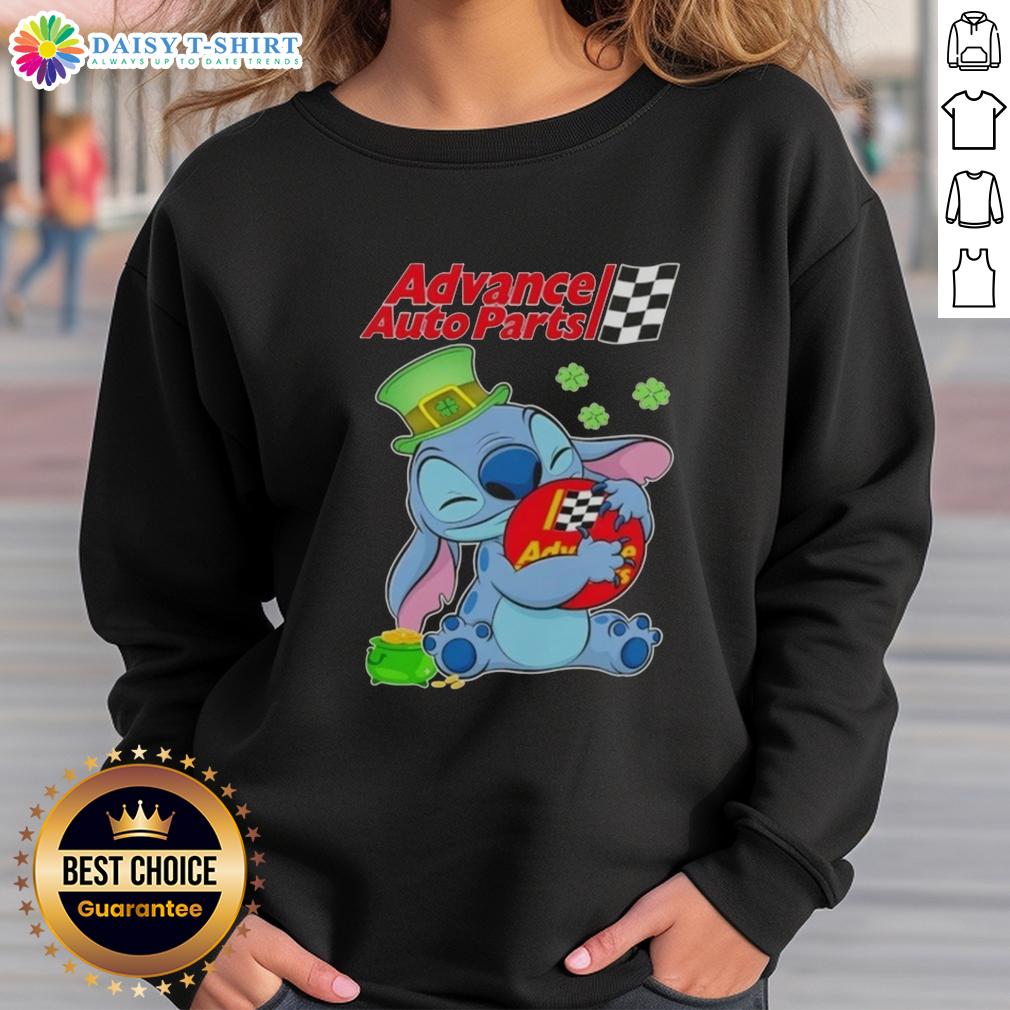 Alt Text: Cute Stitch Hug sweatshirt featuring Advance Auto Parts logo for a cheerful St. Patrick's Day celebration.