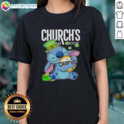 Happy St. Patrick's Day ladies tee featuring a cute Stitch hug with Church's Chicken logo design.