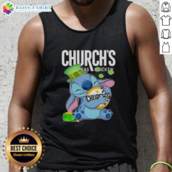 Cute Stitch hugging Church's Chicken logo on a Happy St. Patrick's Day tank top for festive celebrations.