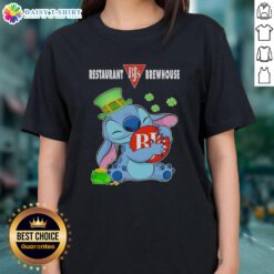 Alt Text: Cute Stitch Hug logo on a BJ's Brewhouse Happy St. Patrick's Day ladies tee for festive dining.