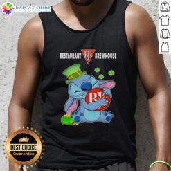 Happy St. Patrick's Day tank top featuring Cute Stitch hugging the BJ's Brewhouse logo, perfect for festive celebrations.