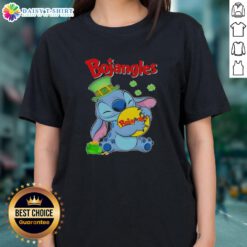 Alt Text: Cute Stitch hugging the Bojangles logo on a Happy St. Patrick's Day ladies tee shirt design.