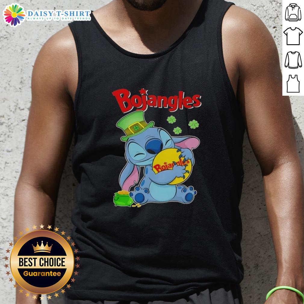 Alt Text: Cute Stitch hugging the Bojangles logo on a Happy St. Patrick's Day tank top, perfect for festive celebrations.