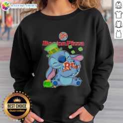 Cute Stitch hugs the Boston Pizza logo on a Happy St. Patrick's Day sweatshirt, perfect for festive celebrations.