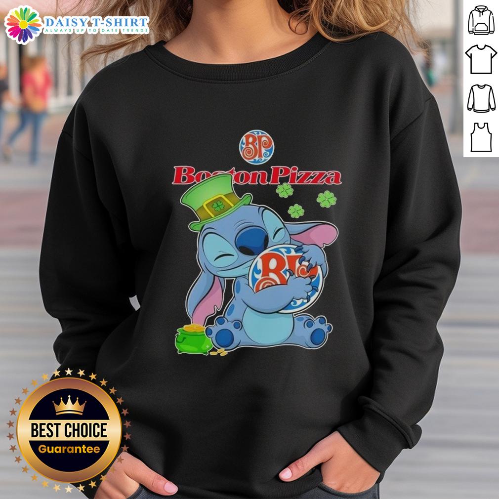 Cute Stitch hugs the Boston Pizza logo on a Happy St. Patrick's Day sweatshirt, perfect for festive celebrations.