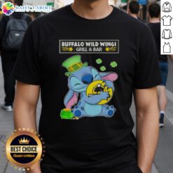 Cute Stitch hugging Buffalo Wild Wings Grill and Bar logo on a Happy St. Patrick's Day T-shirt design.