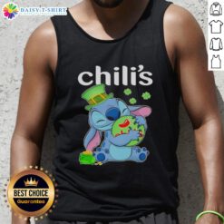 Alt Text: Cute Stitch hugging chilis on a Happy St. Patrick's Day tank top, perfect for festive celebrations and fun outfits.