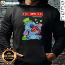 Alt Text: Cute Stitch hugging the Chipotle Mexican Grill logo on a Happy St. Patrick's Day hoodie design.