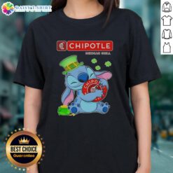 Cute Stitch hugging the Chipotle logo on a Happy St. Patrick's Day ladies tee, perfect for festive celebrations.