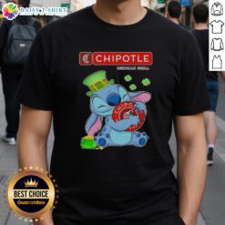 Alt Text: Cute Stitch hugging the Chipotle Mexican Grill logo on a Happy Patrick's Day T-Shirt design for festive celebrations.