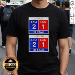 Good Thats Just American Hockey Scoreboard USA 2 Canada 1 OT Final 2026 T-Shirt design featuring a scoreboard graphic.