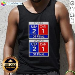 Alt Text: USA 2 Canada 1 OT Final scoreboard displayed on a tank top celebrating American hockey victory in 2026.