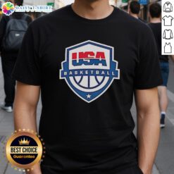 Good USA Basketball Shield Logo T-Shirt featuring a bold shield design and patriotic colors for basketball fans.