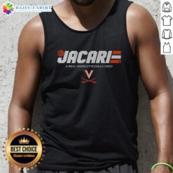 Jacari White wearing a Good UVA Basketball tank top, showcasing his hero status in Charlottesville.