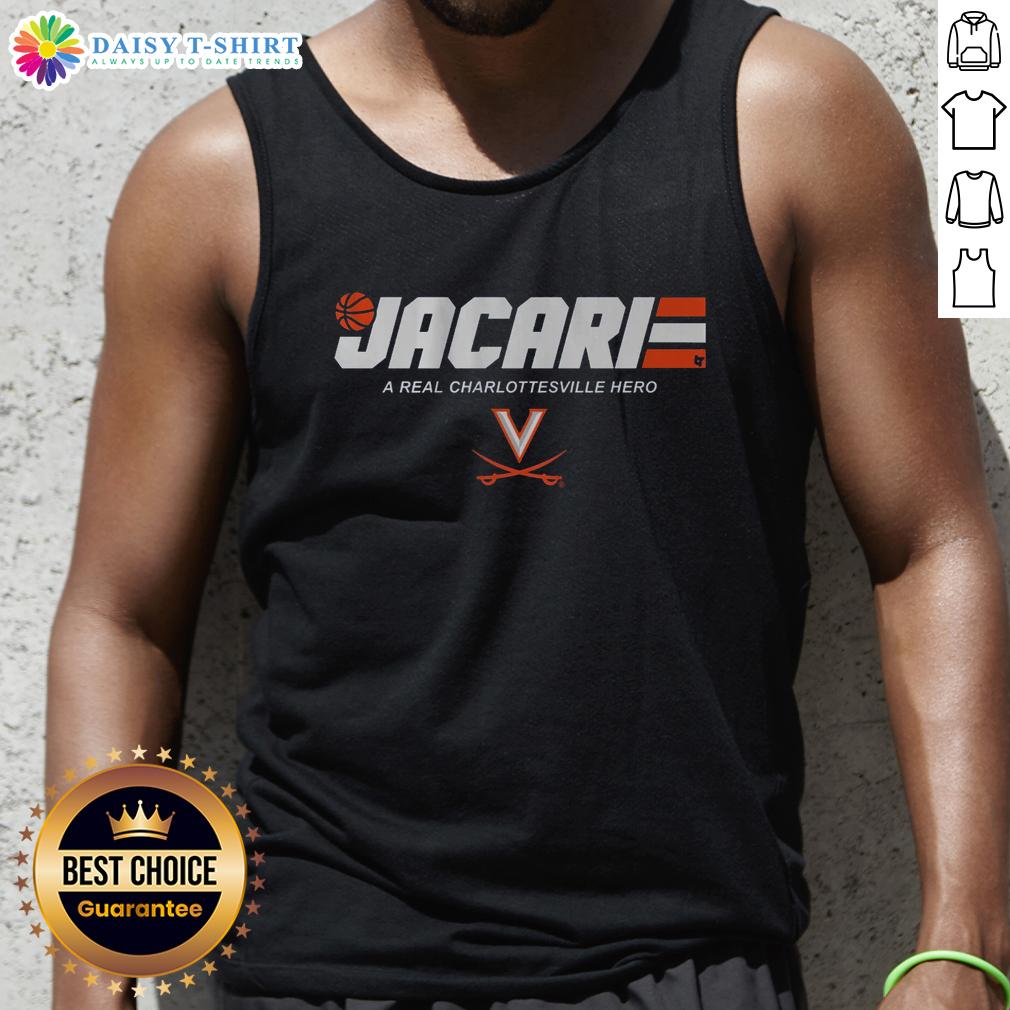 Jacari White wearing a Good UVA Basketball tank top, showcasing his hero status in Charlottesville.