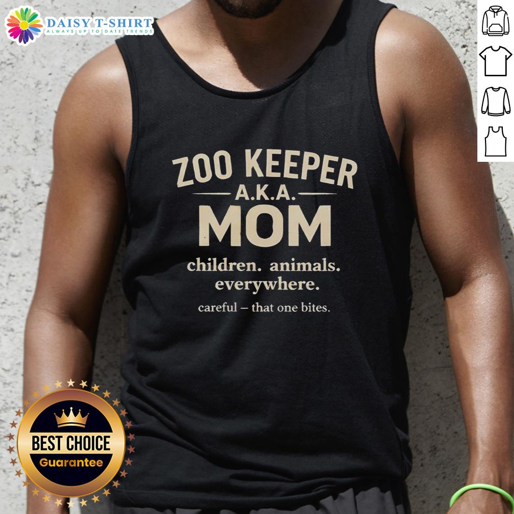 Zoo keeper mom wearing a tank top, surrounded by happy children and various animals at the zoo, showcasing family fun.