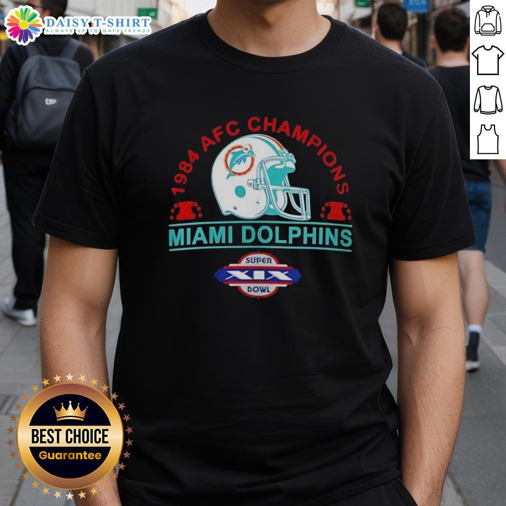 Alt Text: Retro T-Shirt featuring the Hot Miami Dolphins 1984 AFC Champions Super Bowl XIX Helmet design, perfect for fans.