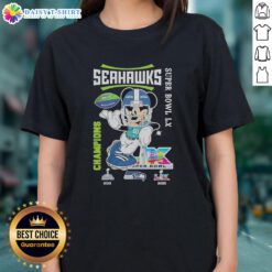 Alt Text: Ladies tee featuring Nice Mickey Mouse and Seattle Seahawks Super Bowl LX Champions 2026 graphic design.