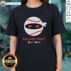 Nice Pitching Ninja Play with Heart Ladies Tee featuring vibrant graphics and a stylish design for baseball enthusiasts.