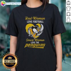 Smart woman in a Pittsburgh Penguins tee, showcasing her love for football and the team with a heart design.