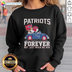 Alt Text: Snoopy and Woodstock driving in a New England Patriots sweatshirt, celebrating team spirit, Forever, Not Just When We Win.
