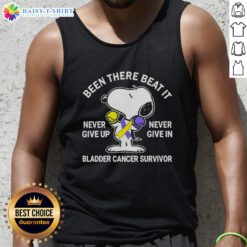 Alt Text: Snoopy tank top for bladder cancer survivors with 'Been There, Beat It, Never Give Up' slogan in vibrant design.