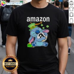 St. Patrick's Day t-shirt featuring a nice stitch design with the Amazon logo and festive colors for holiday celebrations.