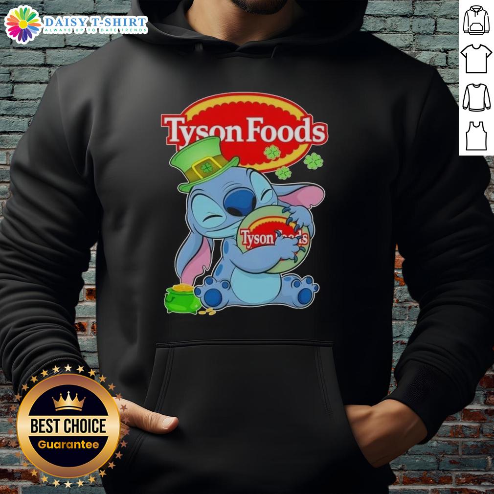 Stylish hoodie featuring 'Nice Stitch' design and St. Patrick's theme with Tyson Foods logo, perfect for festive wear.