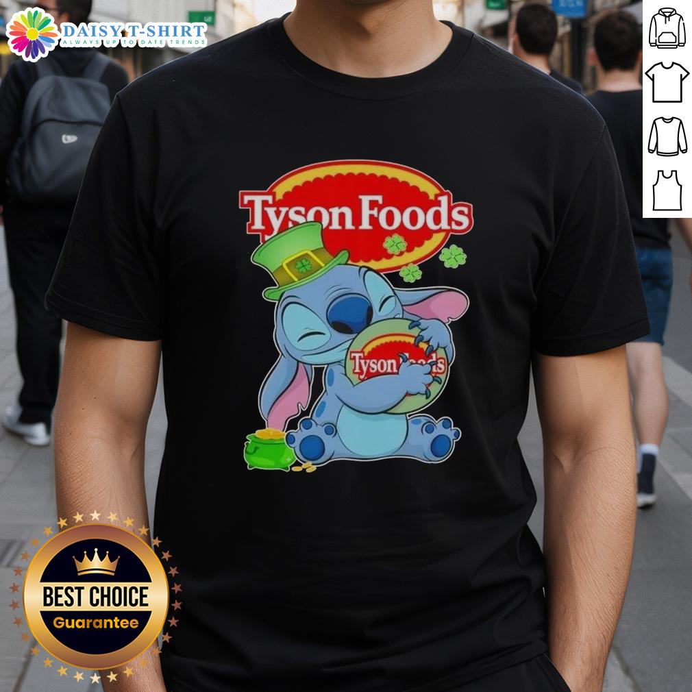 Alt Text: St. Patrick's Day t-shirt featuring a nice stitch design with Tyson Foods logo and festive green colors.