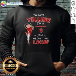 Official Indiana Hoosiers girl hoodie featuring 'I'm not yelling, I'm just talking' design in vibrant colors.